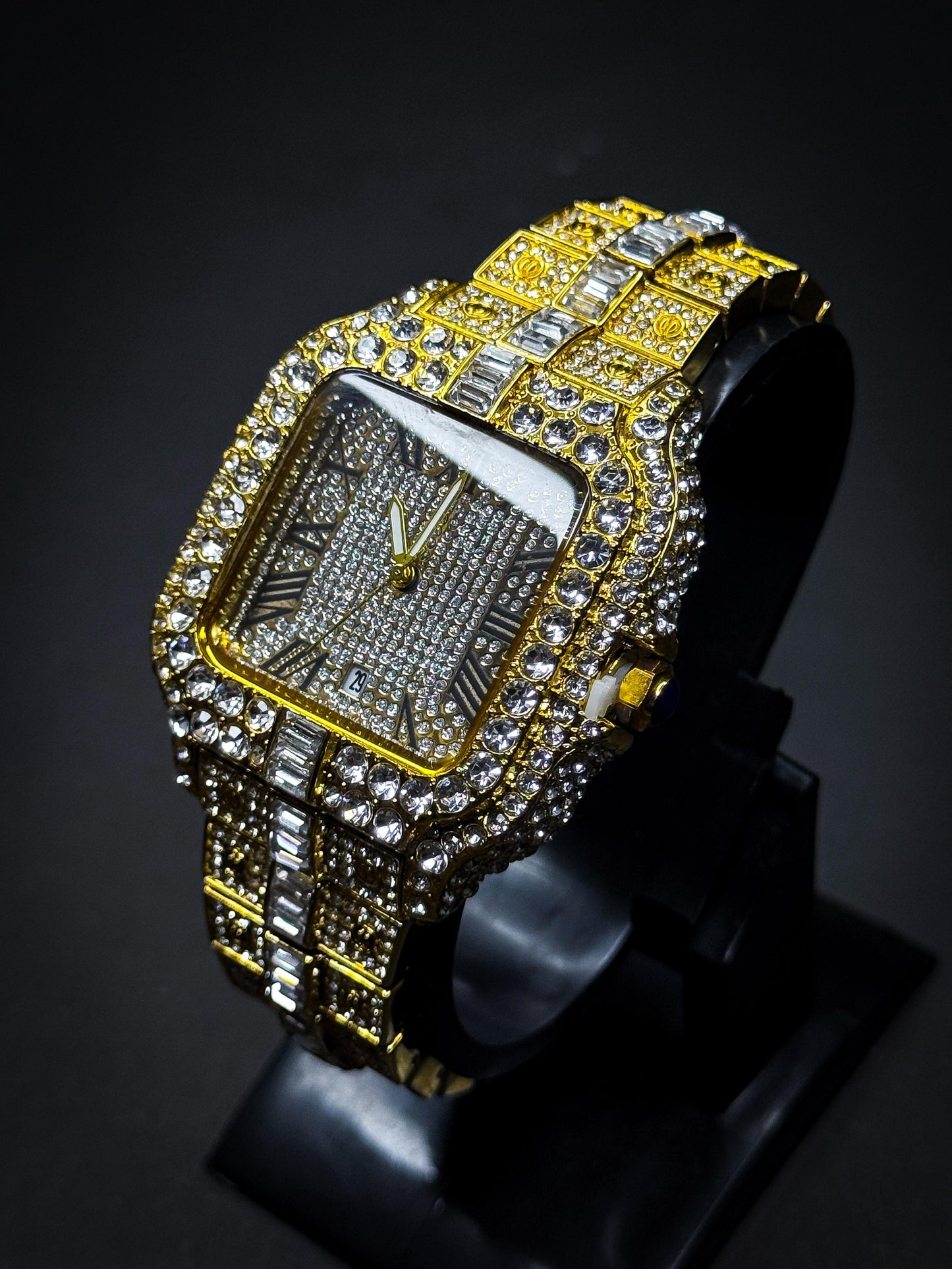 Luxury Gold Iced-Out Roman Dial Watch – Men's Premium Timepiece